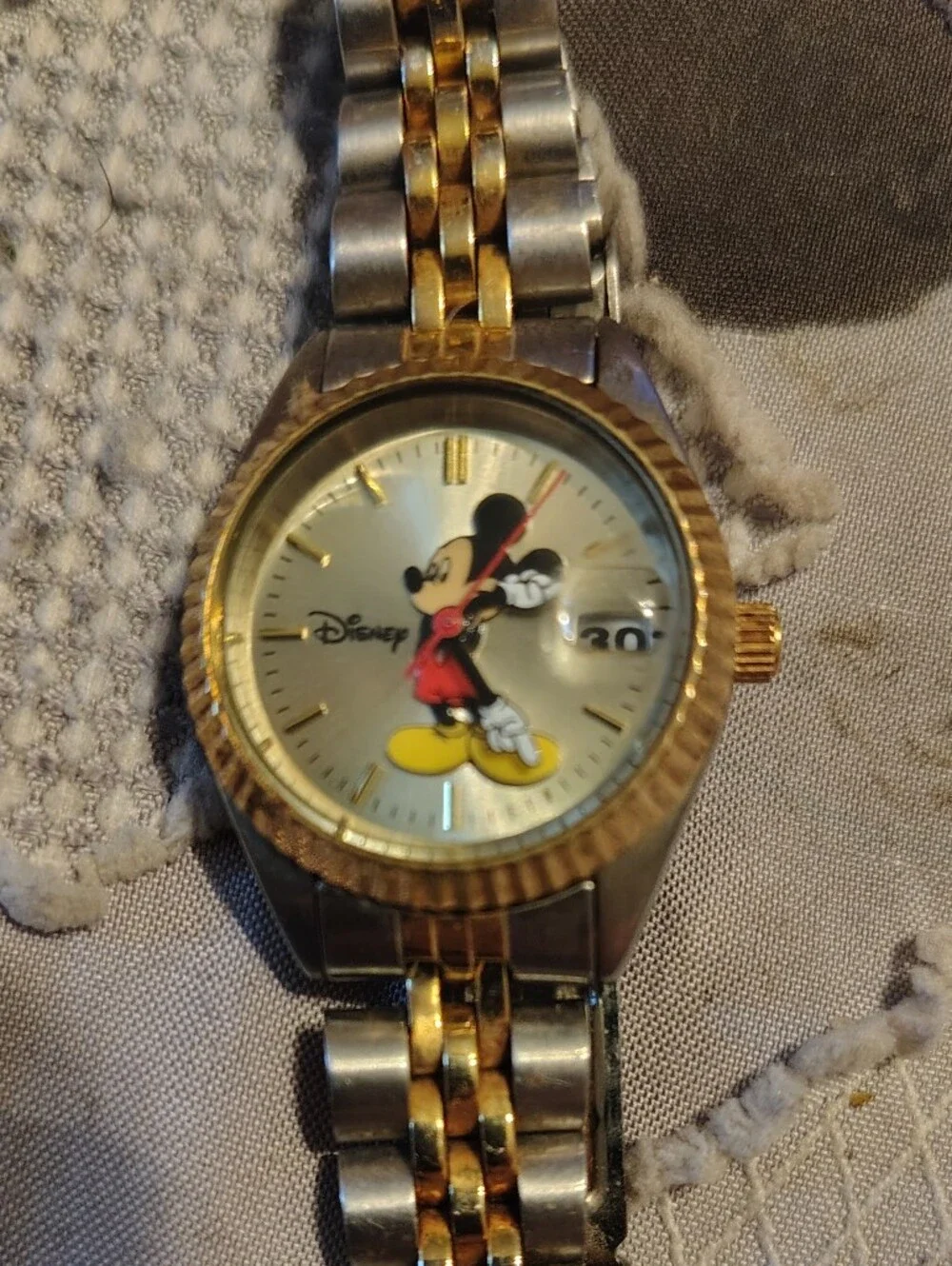 Vintage Disney Mickey Mouse Watch Mens Two Tone Gold Stainless Steel Quartz Date